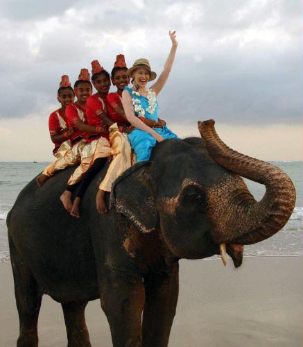 Kylie Minogue on Sri Lankan Elephant, Sri Lanka.jpg