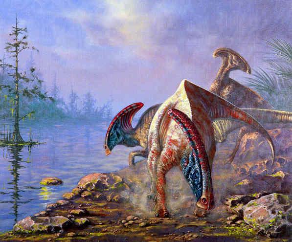Hadrosarus Dinosaurs-Parasaurlophuses-By the lake.jpg