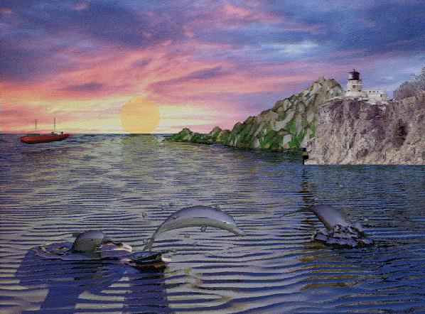 3 Dolphins Jumping-Painting-Light House Shore-OCEAN.jpg