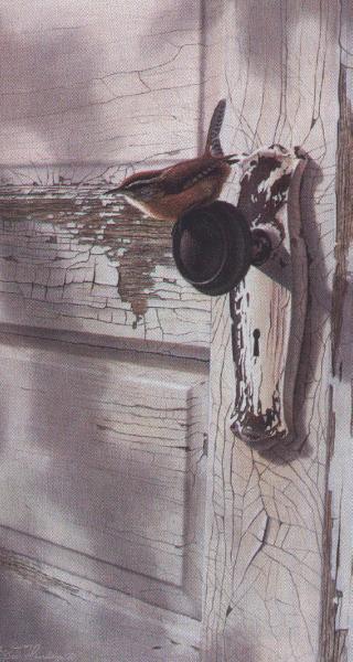 Bob Henley 3-Bewick\'s Wren-sitting on door-painting.jpg