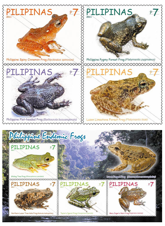 Endemic frogs 2011 stampsheet of the Philippines - Theloderma spinosum, Platymantis pygmaeus, Barbourula busuangensis, Platymantis biak.jpg