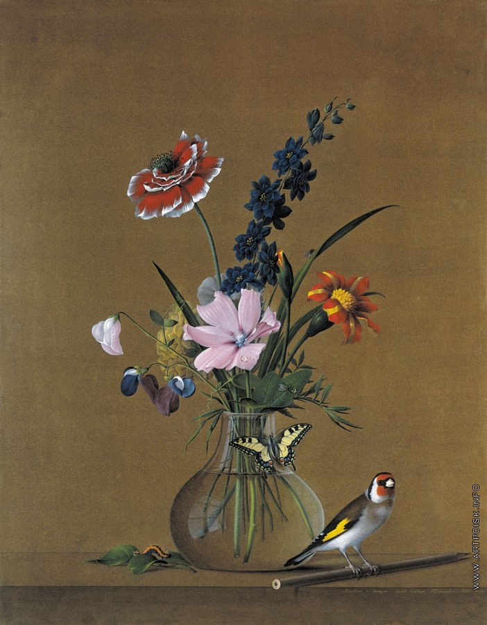 Букет цветов, бабочка и птичка. 1820.jpg