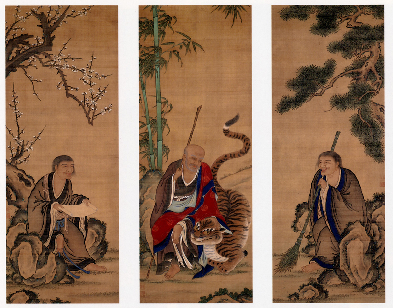 Fengkan Hanshan and Shade Ueno Jakugen Triptych hanging scrolls coloe on silk.jpg