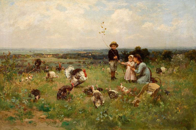 Luigi Chialiva Kinder auf der Weide mit einer Truthahnschar.jpg