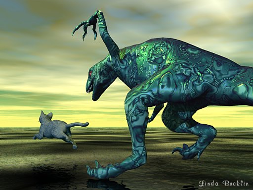 metalic dinosaur chases-gray domestic cat-by Linda Bucklin.jpg